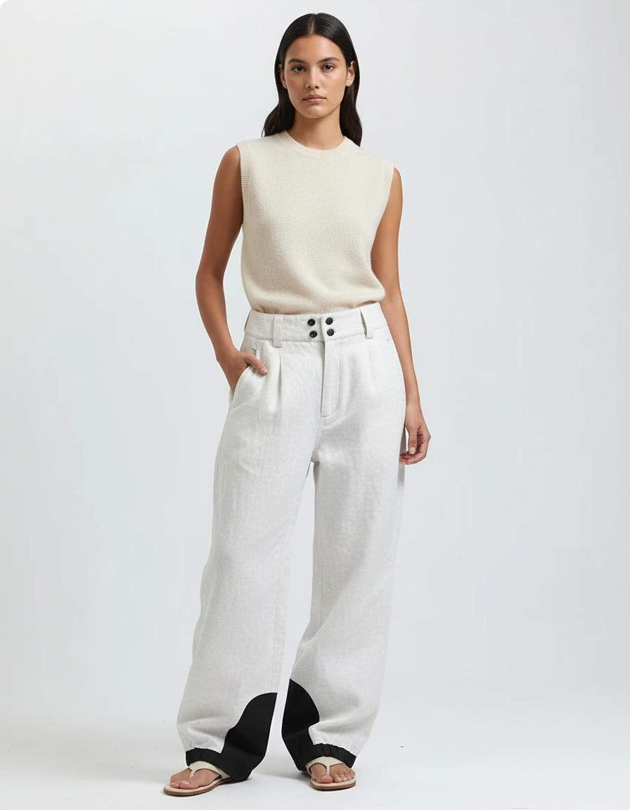 Pantalon Baggy Lin Clair Large Élégant Contrasté - Beige