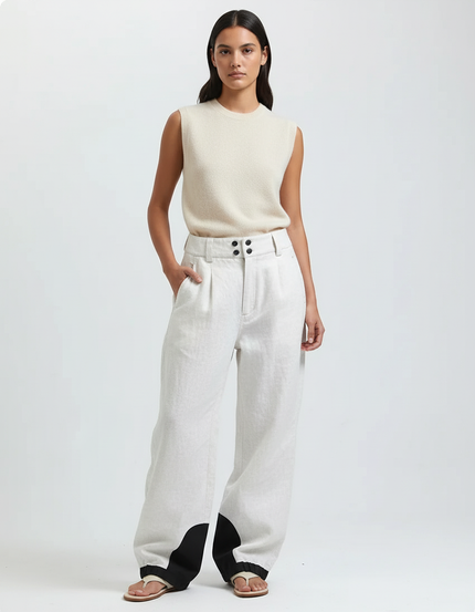 Pantalon Baggy Lin Clair Large Élégant Contrasté - Beige