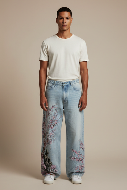 Pantalon Baggy Jean Bleu Délavé Brodé Cerisier Ample Homme
