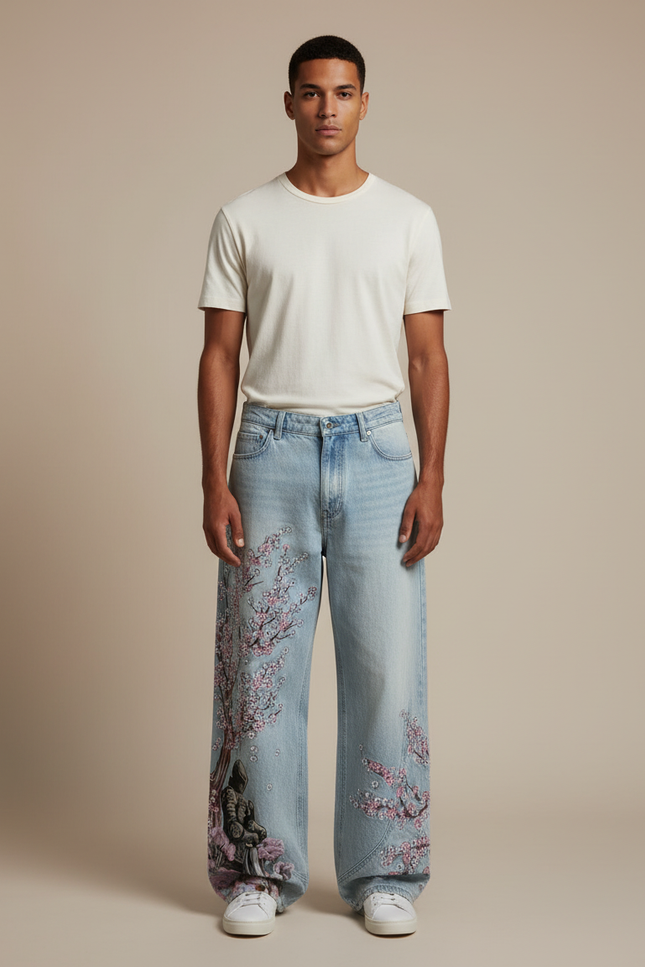Pantalon Baggy Jean Bleu Délavé Brodé Cerisier Ample Homme