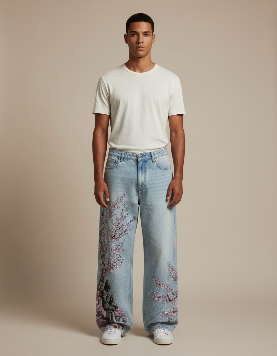 Pantalon Baggy Jean Bleu Délavé Brodé Cerisier Ample Homme
