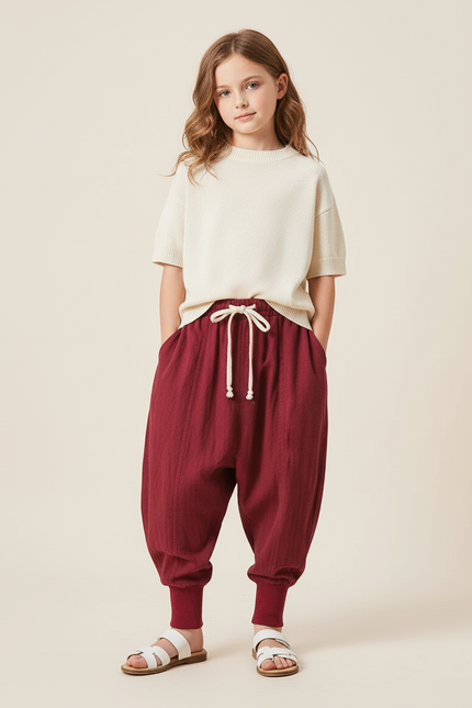 Pantalon Baggy Rouge Coton Ample Décontracté Enfant - Bordeaux