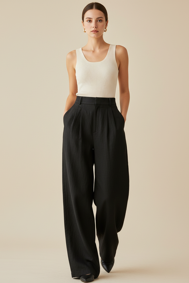 Pantalon Baggy Noir Ample Taille Haute Élégant Femme - Lin