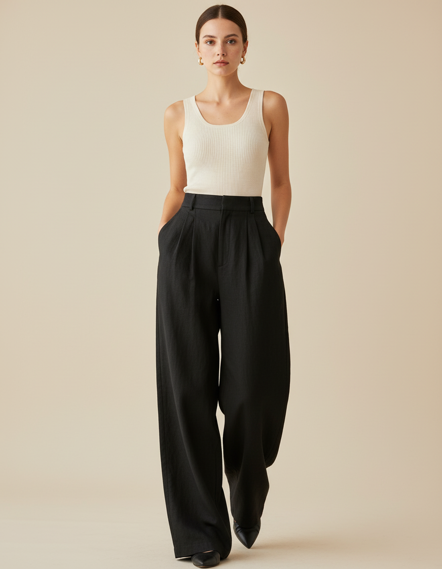 Pantalon Baggy Noir Ample Taille Haute Élégant Femme - Lin