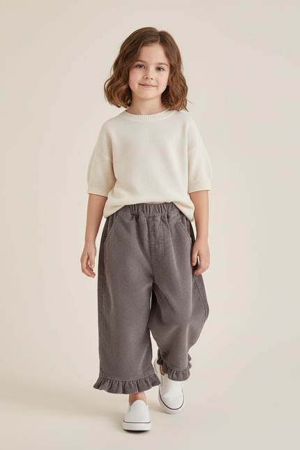Pantalon Baggy Gris Côtelé Ample Volants Fille - Cordé
