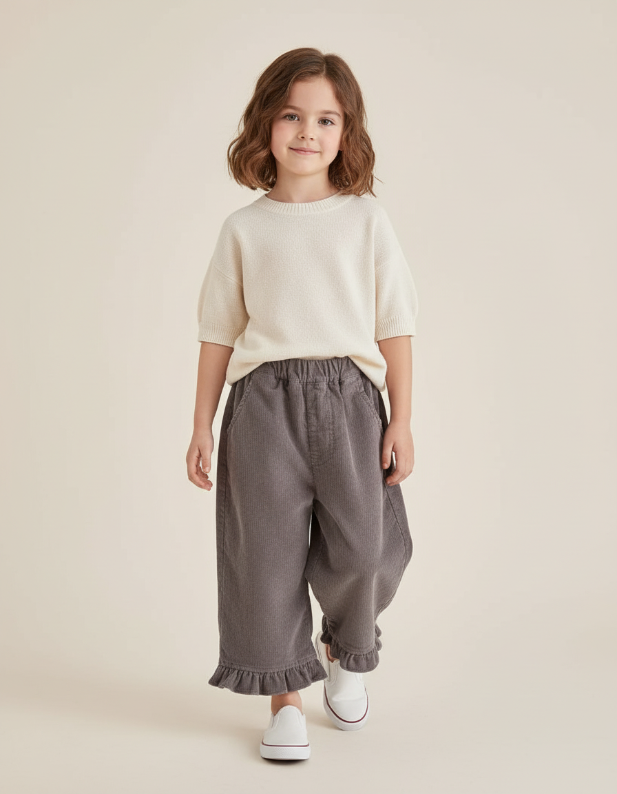 Pantalon Baggy Gris Côtelé Ample Volants Fille - Cordé