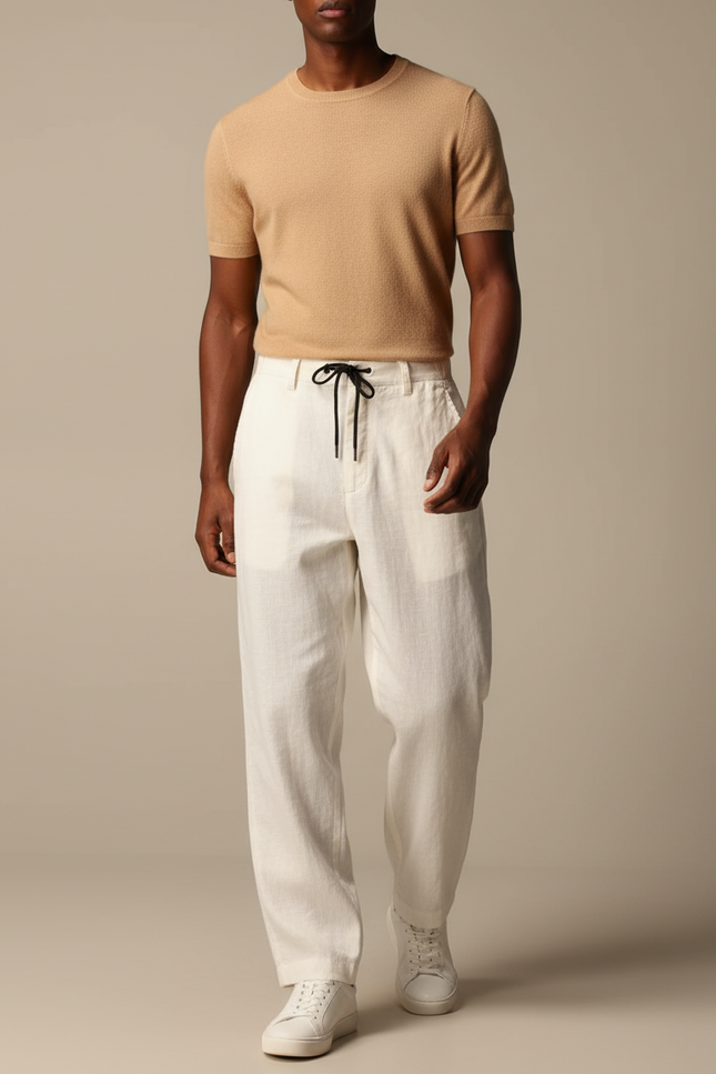 Pantalon Baggy Lin Blanc Cordon Fluide Décontracté Homme