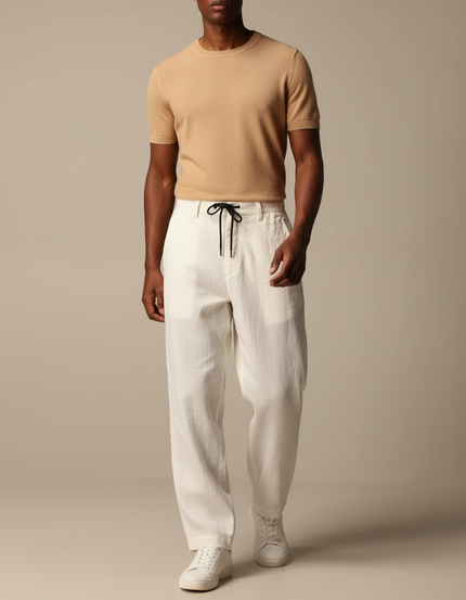 Pantalon Baggy Lin Blanc Cordon Fluide Décontracté Homme
