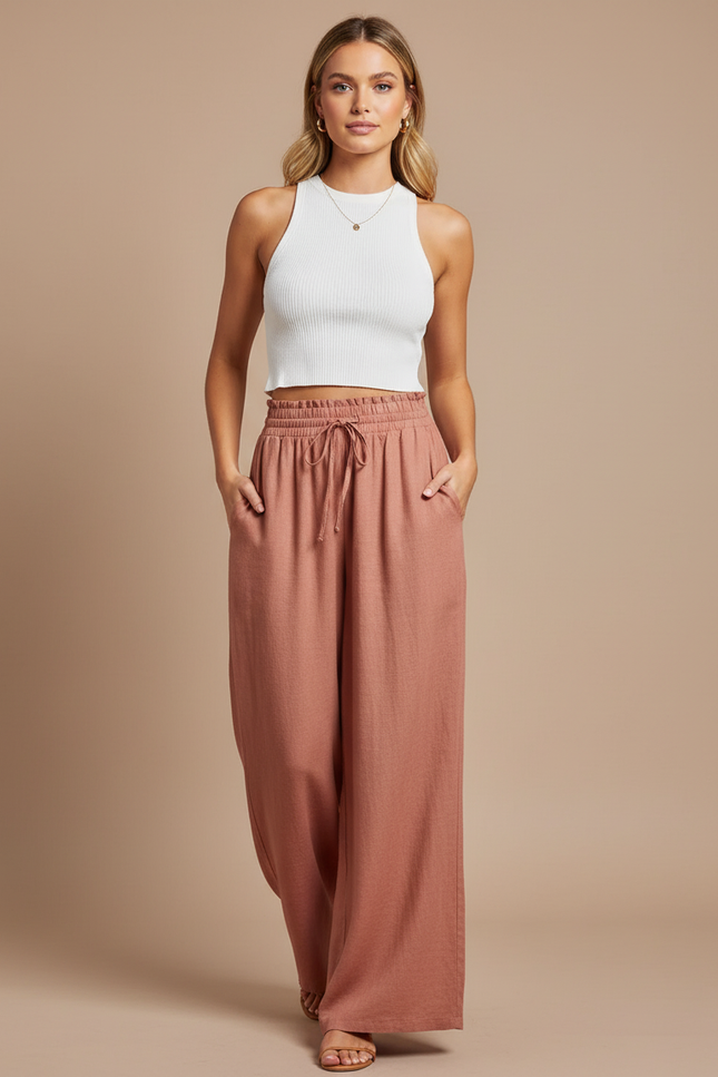 Pantalon Baggy Rose Fluide Ample Taille Haute - Lin