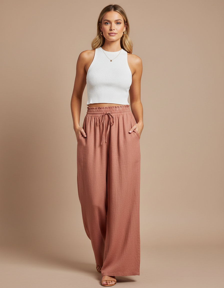 Pantalon Baggy Rose Fluide Ample Taille Haute - Lin