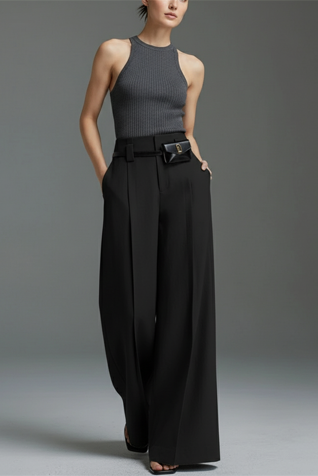 Pantalon Baggy Noir Ample Fluide Plissé Femme - Polyester