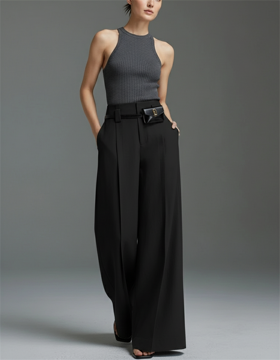Pantalon Baggy Noir Ample Fluide Plissé Femme - Polyester
