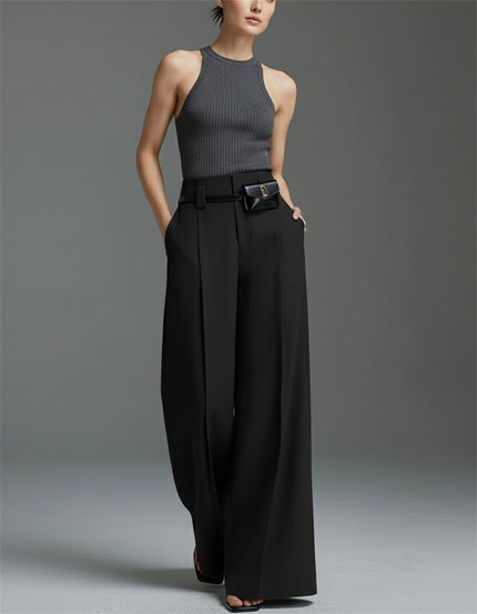 Pantalon Baggy Noir Ample Fluide Plissé Femme - Polyester