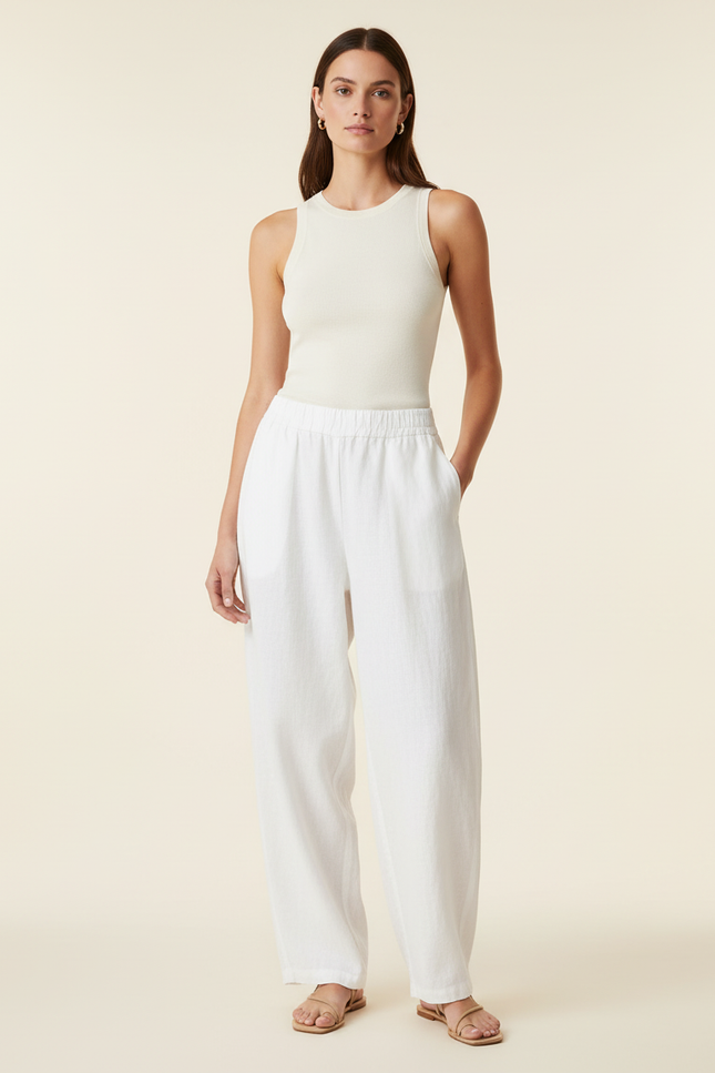 Pantalon Baggy Blanc Lin Ample Décontracté Élégant