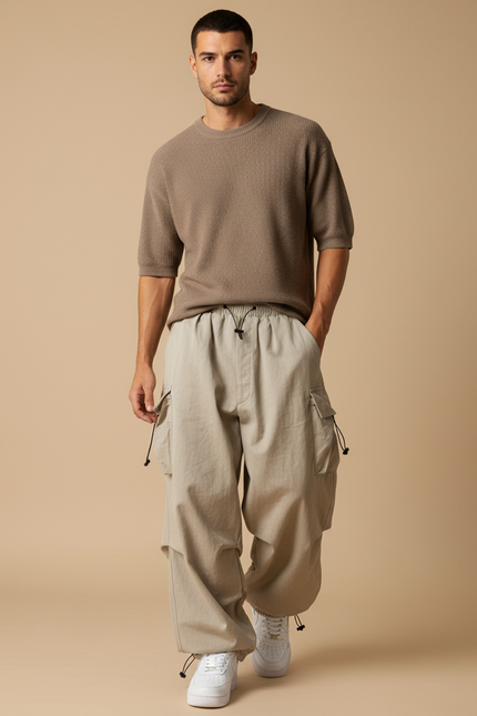 Pantalon Baggy Beige Cargo Ample Streetwear Homme - Toile