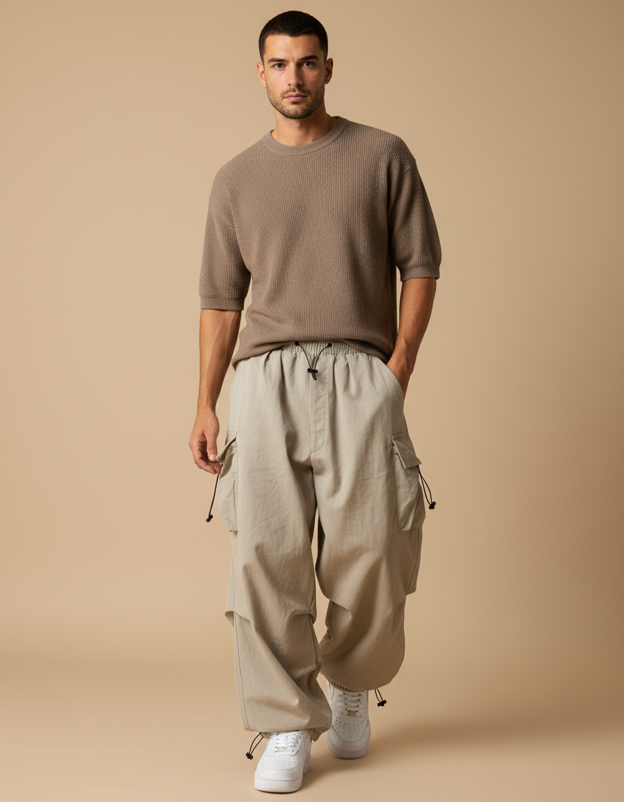 Pantalon Baggy Beige Cargo Ample Streetwear Homme - Toile