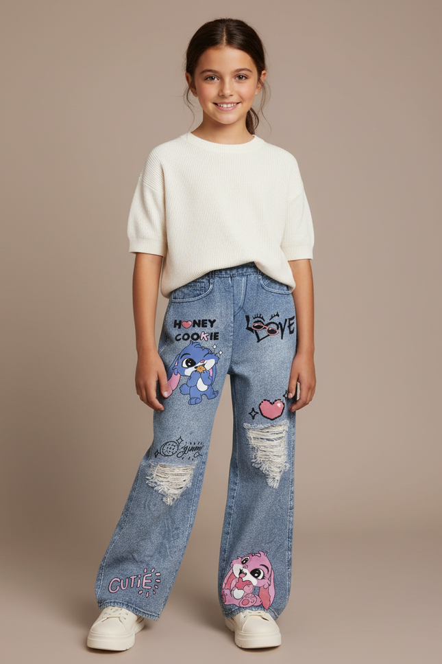 Pantalon Baggy Jean Bleu Délavé Imprimé Lapin Fille