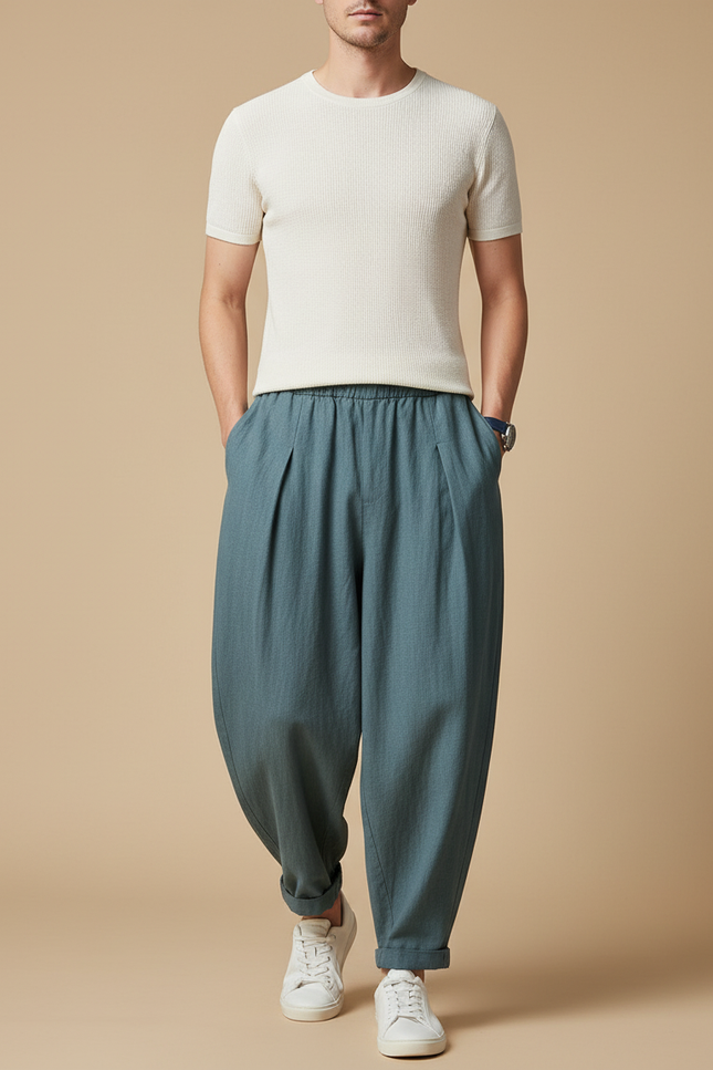 Pantalon Baggy Bleu Lin Ample Plissé Décontracté Homme