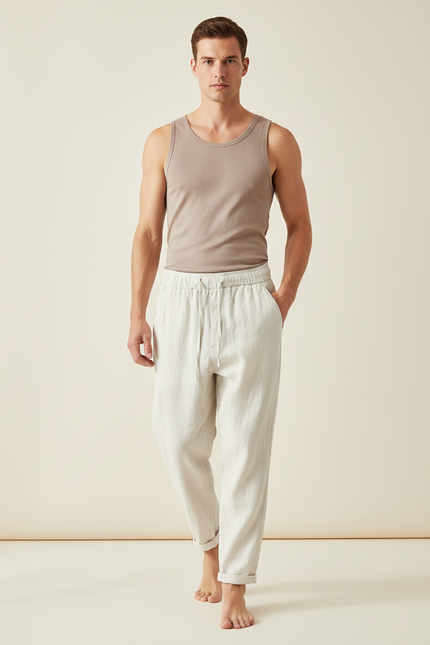 Pantalon Baggy Lin Beige Clair Ample Cordon Décontracté