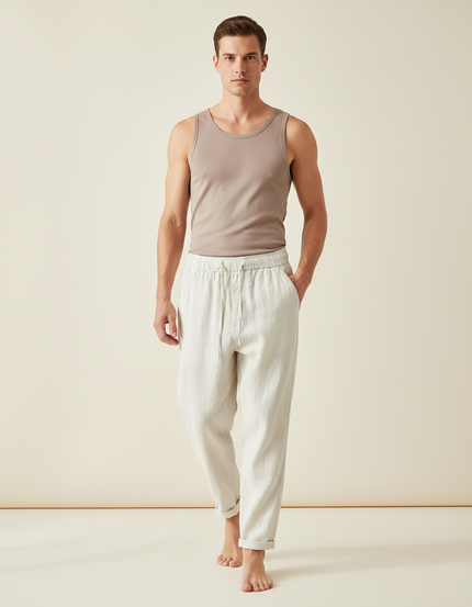 Pantalon Baggy Lin Beige Clair Ample Cordon Décontracté