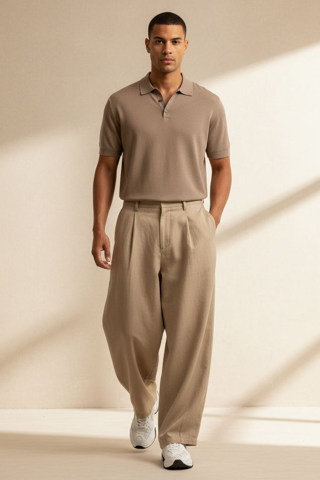 Pantalon Baggy Beige Coton Ample Plissé Décontracté Homme
