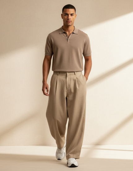 Pantalon Baggy Beige Coton Ample Plissé Décontracté Homme