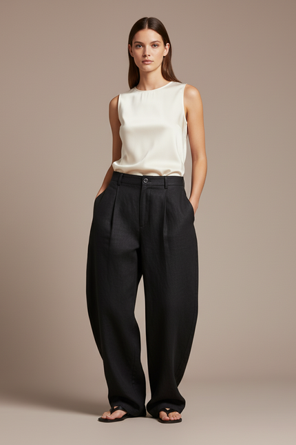 Pantalon Baggy Femme Noir Taille Haute - Lin