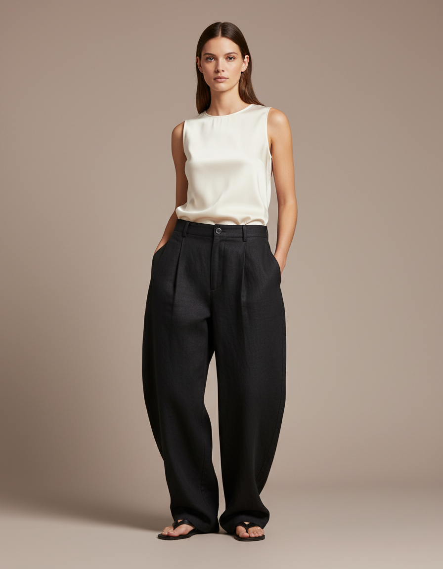 Pantalon Baggy Femme Noir Taille Haute - Lin