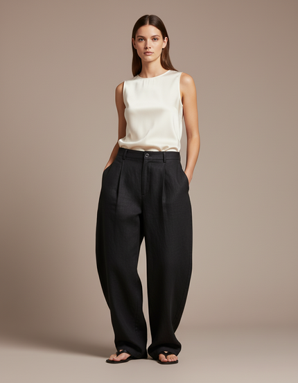 Pantalon Baggy Femme Noir Taille Haute - Lin