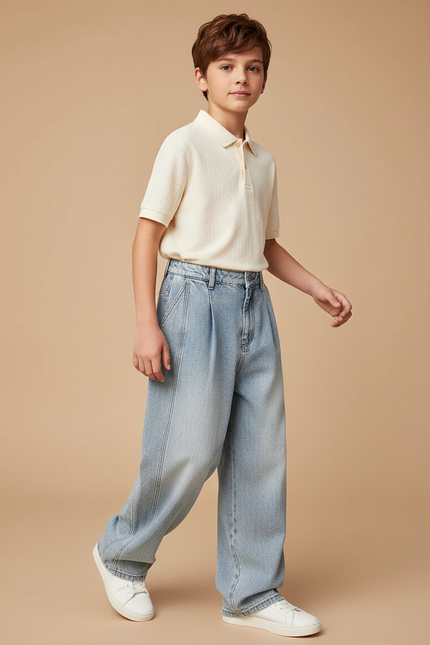 Pantalon Baggy Denim Bleu Plissé Large Garçon - Jean