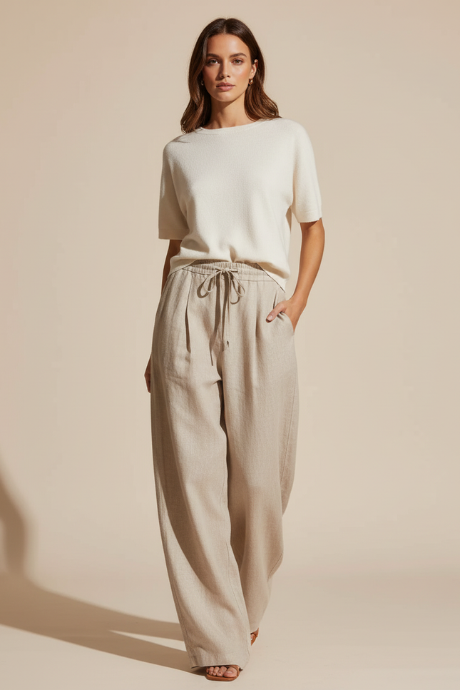 Pantalon Baggy Lin Beige Fluide Ample Femme