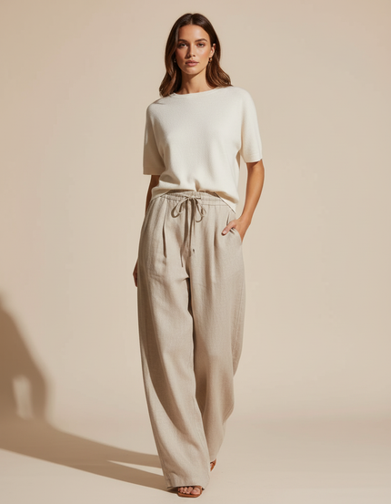 Pantalon Baggy Lin Beige Fluide Ample Femme