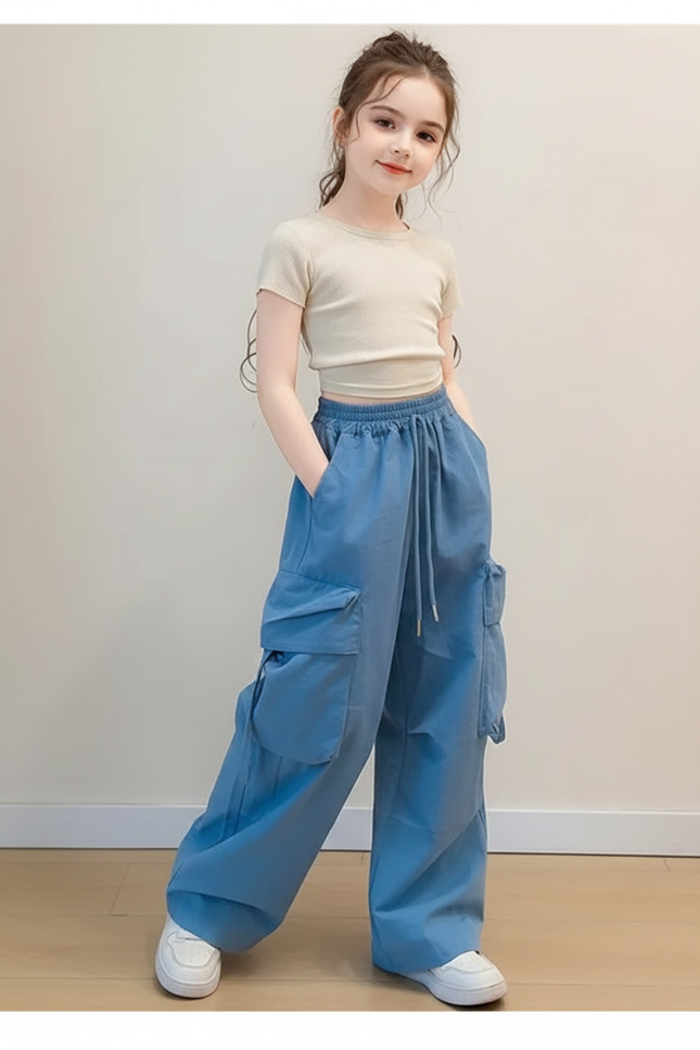 Pantalon Baggy Bleu Cargo Ample Décontracté Fille - Polyester