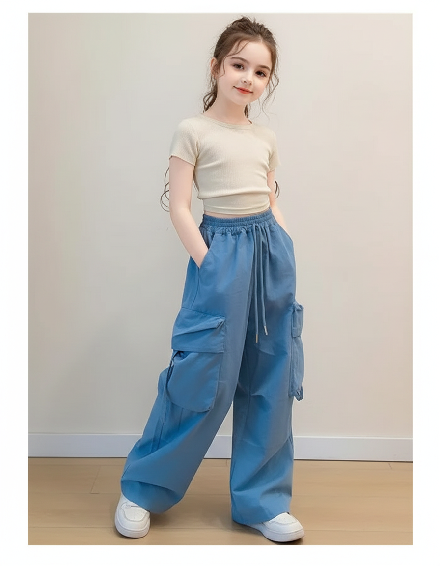 Pantalon Baggy Bleu Cargo Ample Décontracté Fille - Polyester