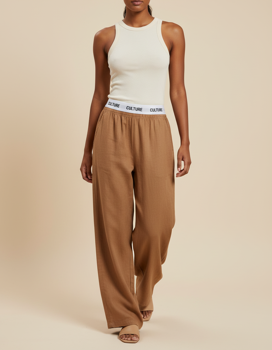 Pantalon Baggy Marron Ample Lin Décontracté Fluide