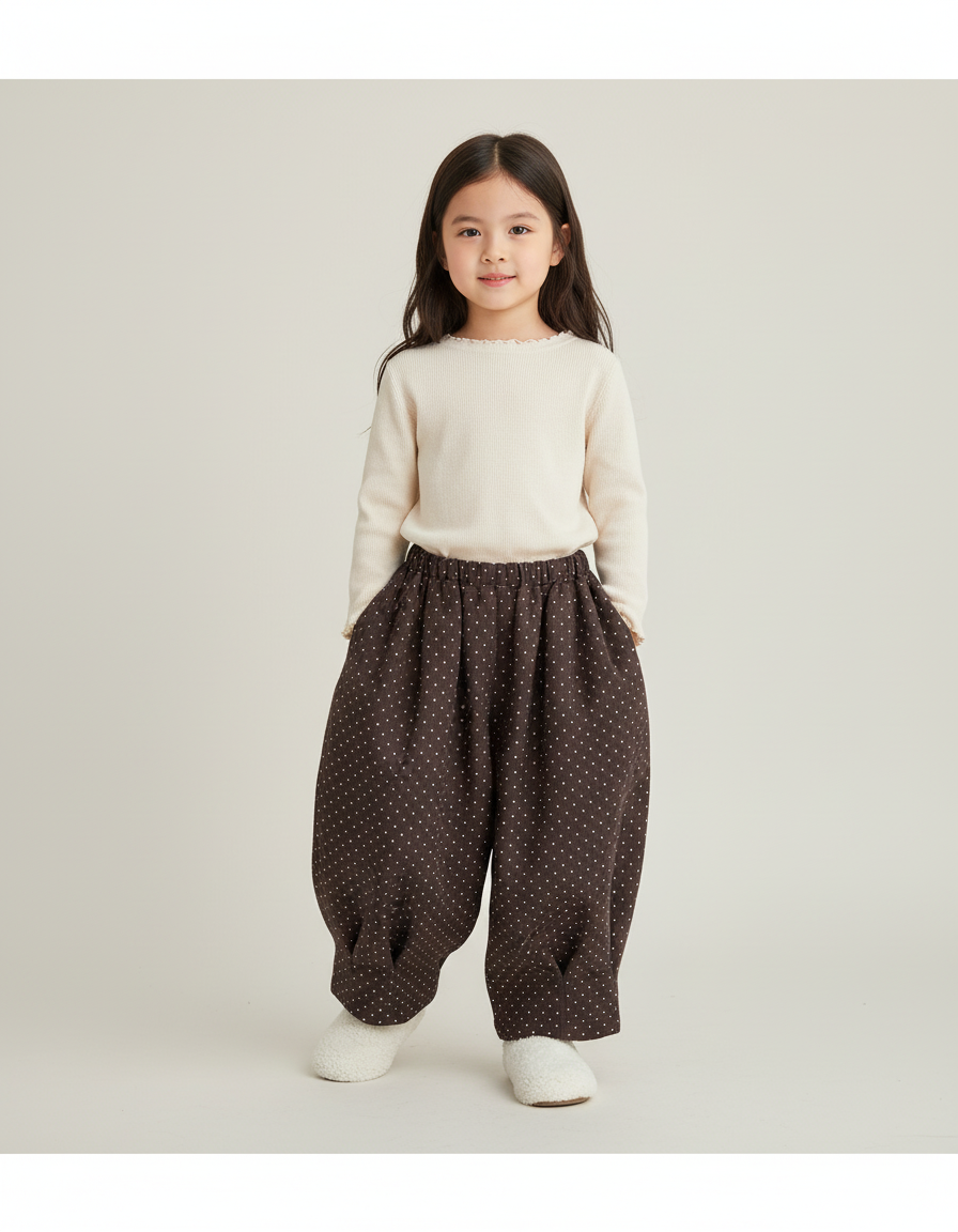 Pantalon Baggy Marron Ample Pois Coton Enfant