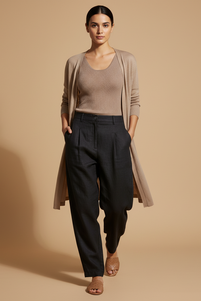 Pantalon Baggy Noir Lin Plissé Décontracté Ample