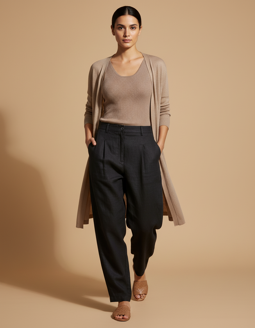 Pantalon Baggy Noir Lin Plissé Décontracté Ample