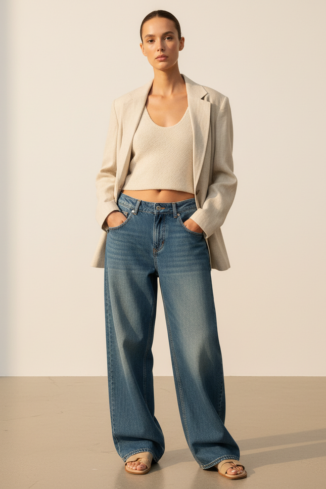 Pantalon Baggy Bleu Jean Ample Décontracté Femme