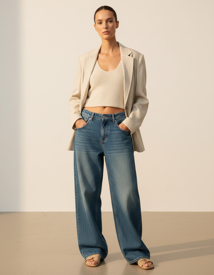 Pantalon Baggy Bleu Jean Ample Décontracté Femme