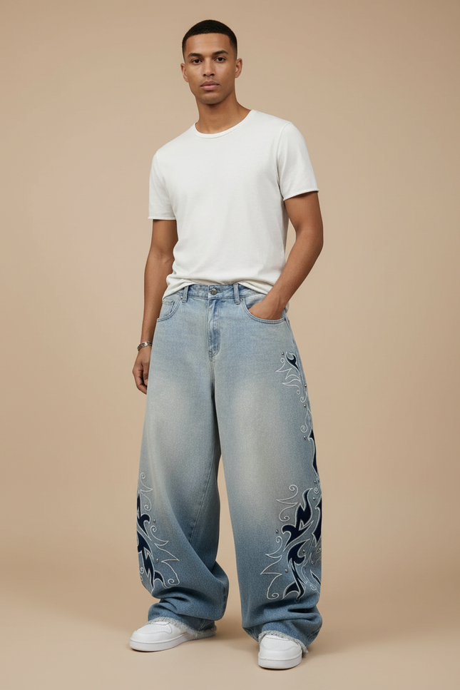 Pantalon Baggy Jean Bleu Clair Brodé Ample Homme