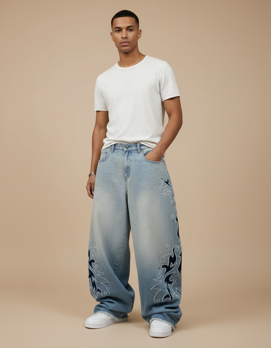 Pantalon Baggy Jean Bleu Clair Brodé Ample Homme