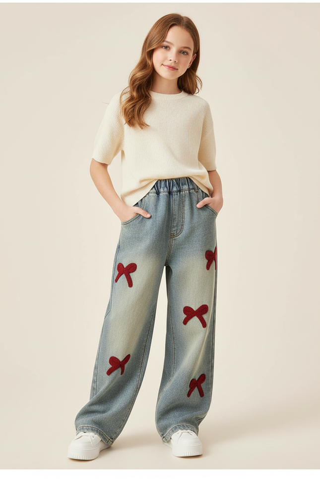 Pantalon Baggy Jean Délavé Ample Brodé Nœuds Enfant - Bleu