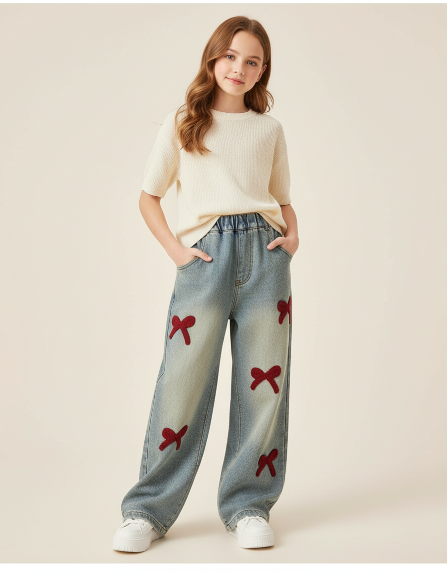 Pantalon Baggy Jean Délavé Ample Brodé Nœuds Enfant - Bleu