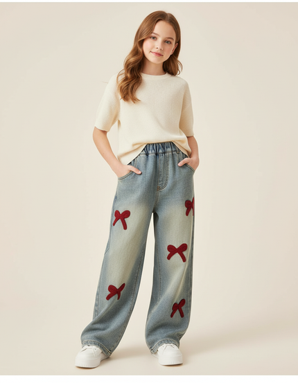 Pantalon Baggy Jean Délavé Ample Brodé Nœuds Enfant - Bleu