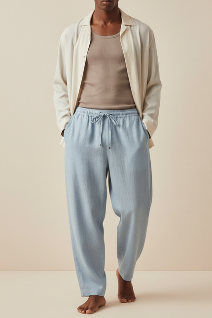 Pantalon Baggy Lin Coton Bleu Clair Fluide Décontracté