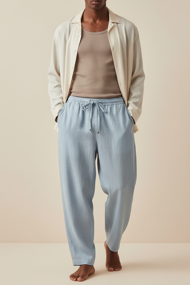 Pantalon Baggy Lin Coton Bleu Clair Fluide Décontracté