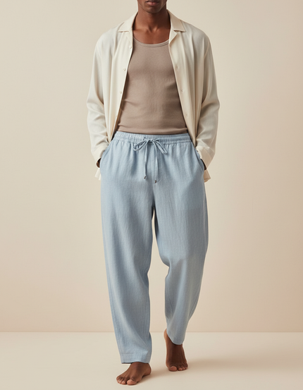 Pantalon Baggy Lin Coton Bleu Clair Fluide Décontracté