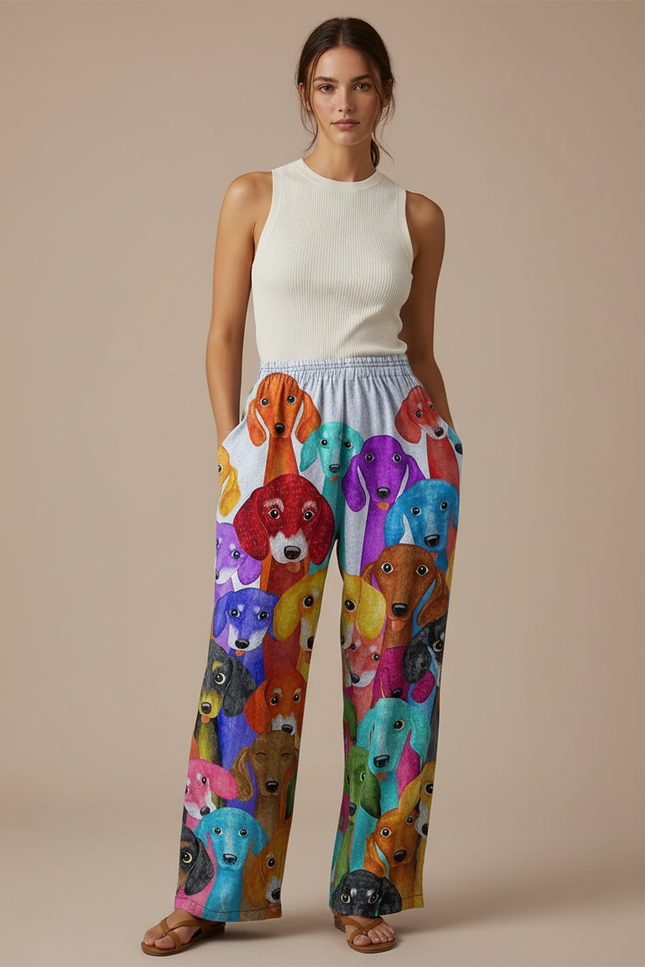 Pantalon Baggy Imprimé Chiens Colorés Ample Confortable Femme - Multicolore Polyester