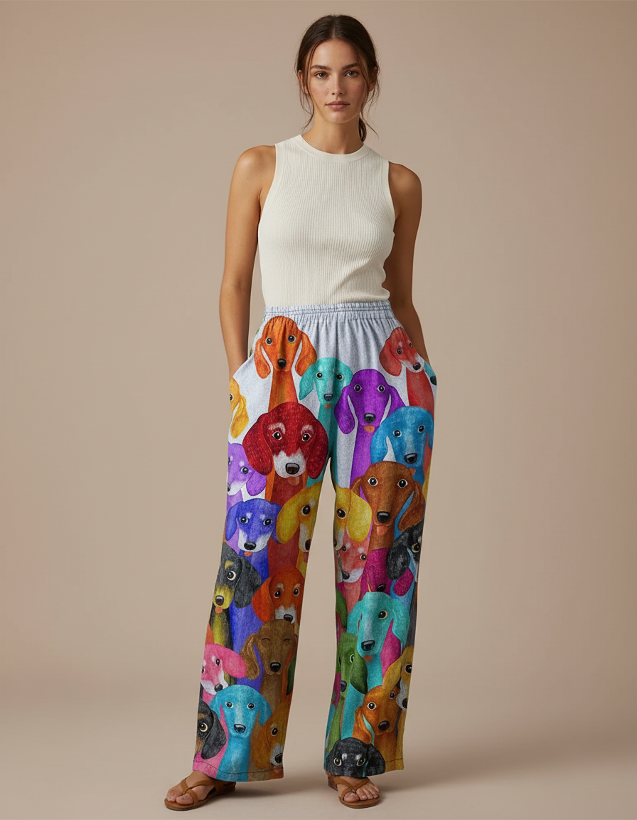 Pantalon Baggy Imprimé Chiens Colorés Ample Confortable Femme - Multicolore Polyester